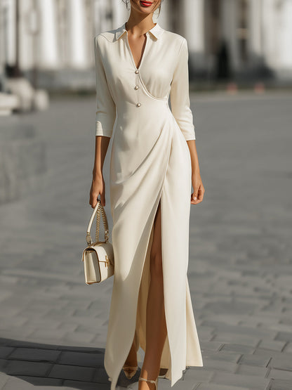 Elegant Draped Pearl Button Maxi Shirt Dress