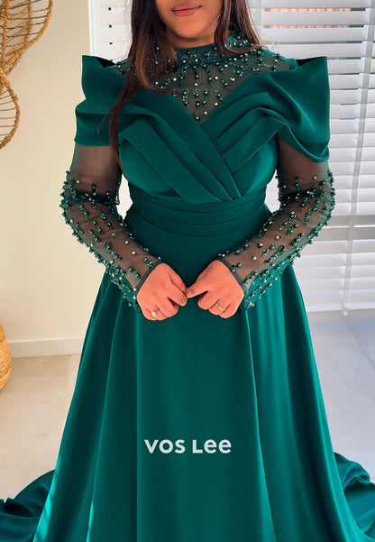 Simple & Casual A-Line Long Sleeve pleats High Neck Evening Dresses with Court Train