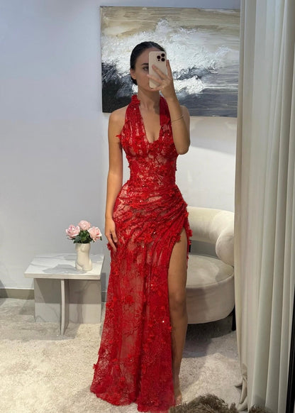 Sexy Sheath Red Long Prom Dresses Lace Appliques Sleeveless Evening Gowns with Slits