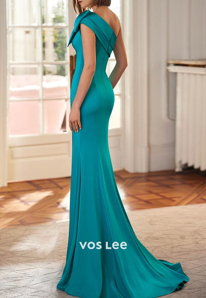 One Shoulder Pleated Bowknot Mermaid Mother of Bride Dresses with Sweep Train
