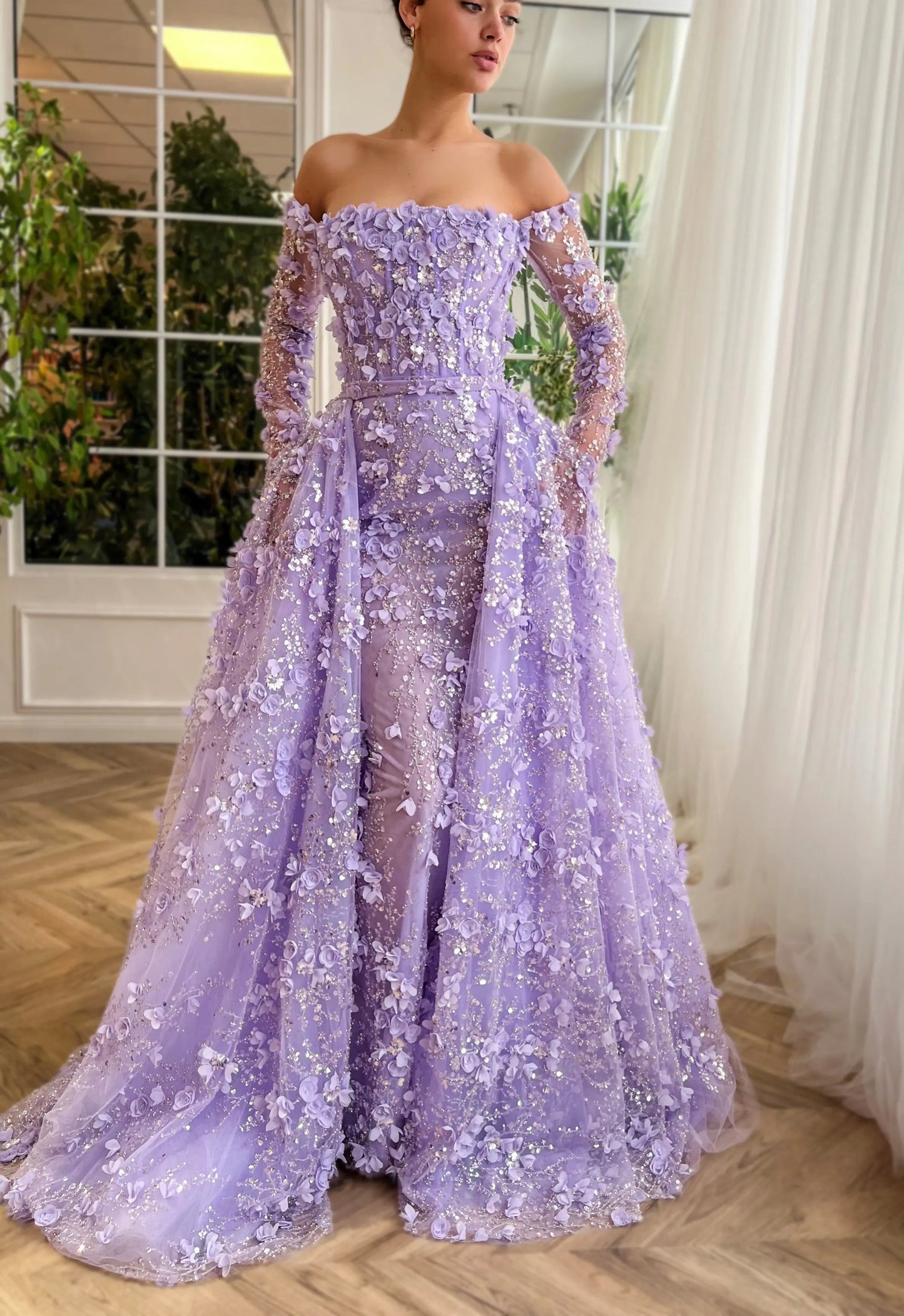 3D Floral Pink Off Shoulder Mermaid Prom Dress with Detachable Train
