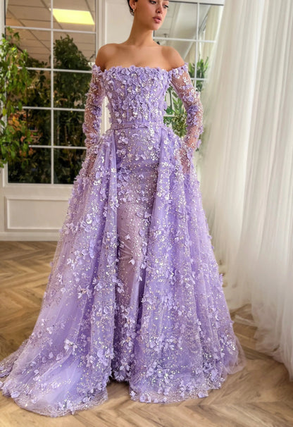 3D Floral Pink Off Shoulder Mermaid Prom Dress with Detachable Train