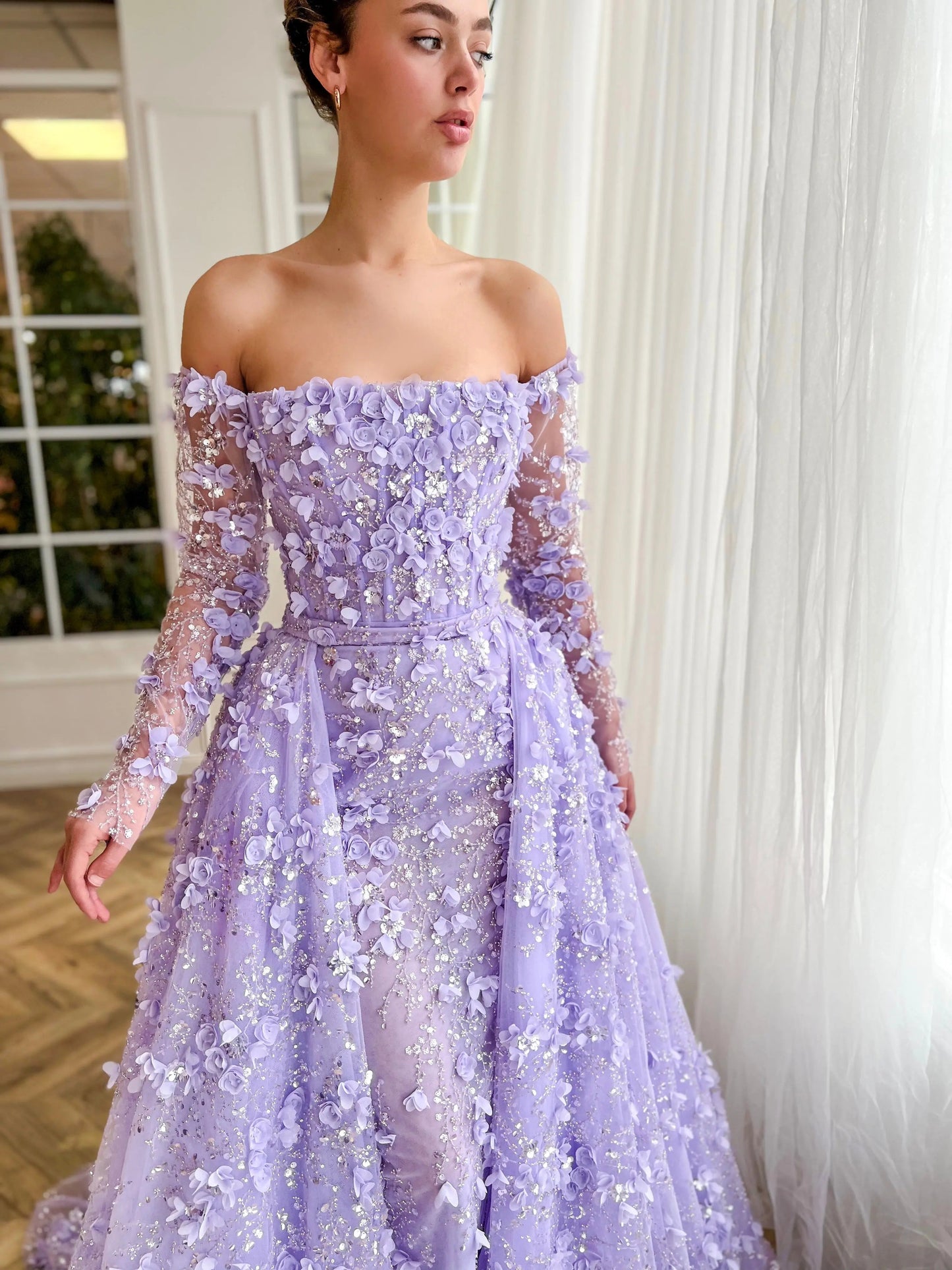 3D Floral Pink Off Shoulder Mermaid Prom Dress with Detachable Train