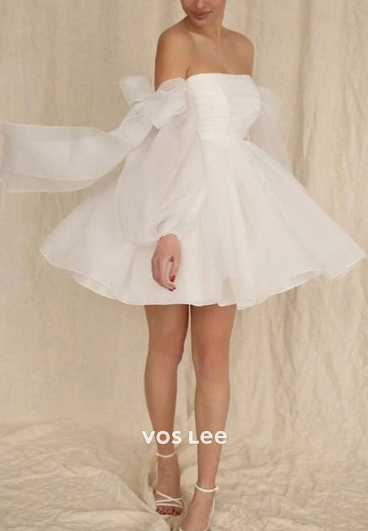 Mini & Short A-Line Long Sleeve Strapless Pleated Bowknot Beach Wedding Dresses
