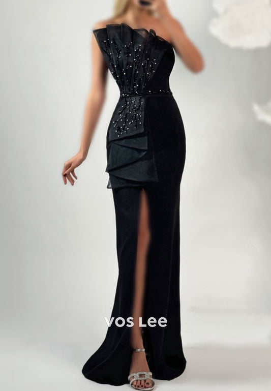 Strapless Rhinestone Beading Embellished Floor-Length Mermaid Prom Dresses with Side Split