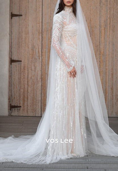 Fully Beaded Long Sleeve Illusion Neck Sheath Wedding Dresses with Sweep Train