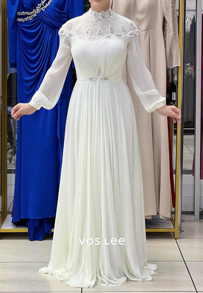 A-Line Long Sleeve High Neck Sequined Embellished Pleated Evening Dresses