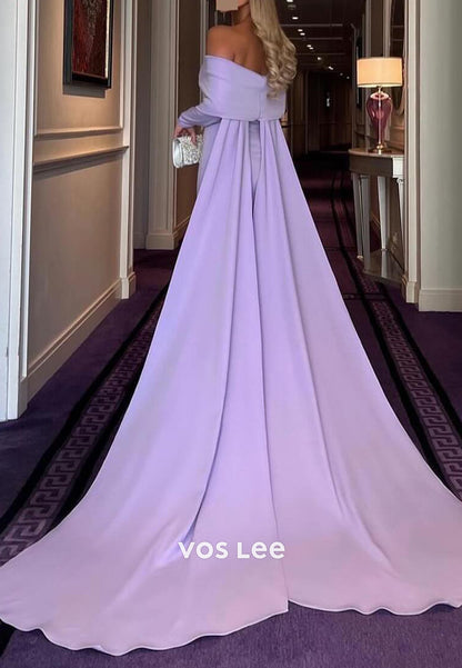 Long Sleeve Off the Shoulder Pleated Mermaid Evening Dresses with Court Train