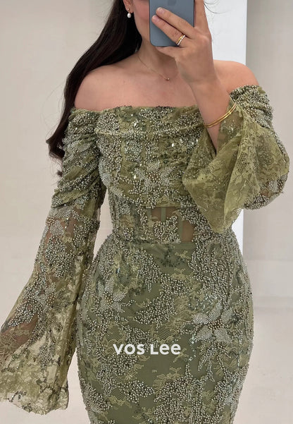 Bell Sleeves Off the Shoulder Fully Lace Appliqued Beaded Sheath Evening Dresses with Split