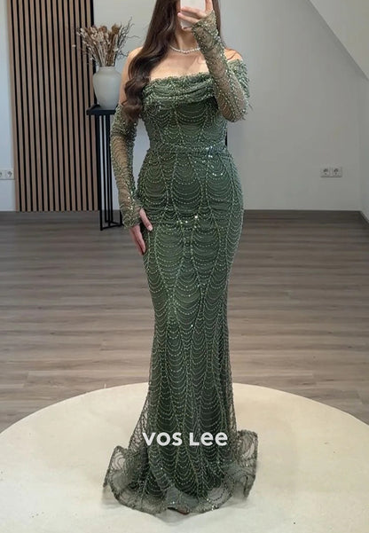 One Shoulder Fully Beading Sequins Embellished Floor-Length Mermaid Evening Dresses