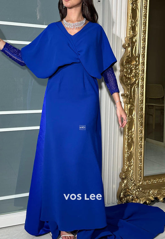 Simple Long Sleeve V Neck Royal Blue Sheath Evening Dresses with Sweep Train