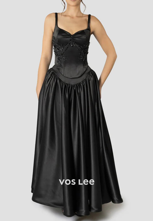 A-Line Spaghetti Straps Sweetheart Beaded Pleated Floor-Length Evening Dresses