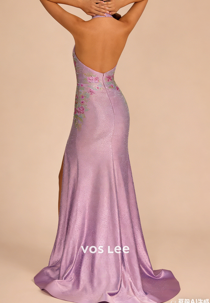 Halter V-Neck Strapless Mermaid Split Formal Prom Dresses With Beading