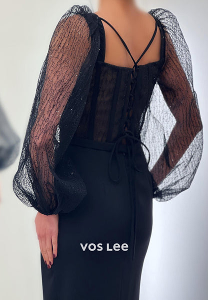 Elegant & Luxurious Long Sleeve Tulle Sweetheart Floor-Length Sheath Evening Dresses