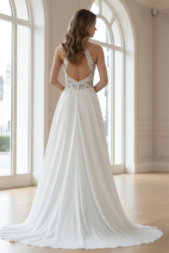 Elegant Chiffon Halter V-Neck A-Line Lace Slit Wedding Dress