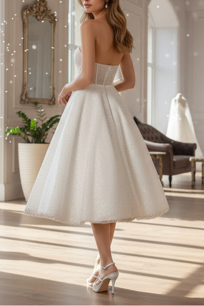 Sparkling White Sweetheart A-Line Strapless Beading Midi Wedding Dress