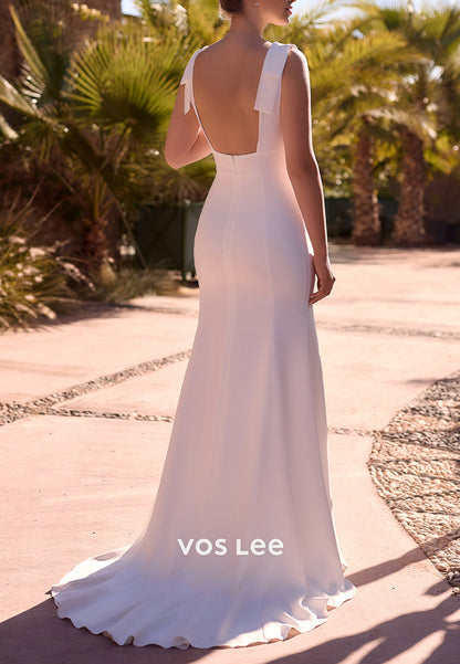 Couture & Ornate Scoop Bowknot Beach Mermaid Wedding Dresses with Sweep Train