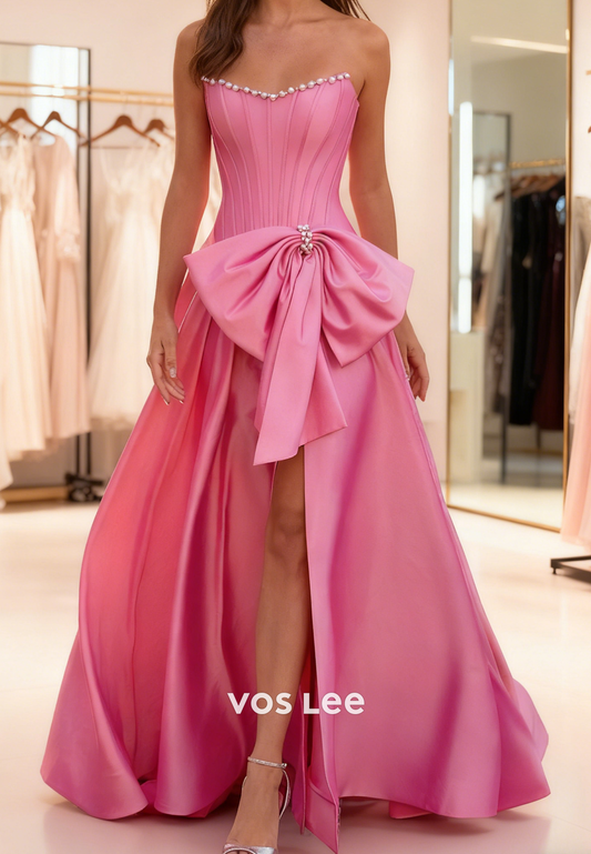 Strapless Corset Floor-Length Column Split Prom Dress With Bowknot