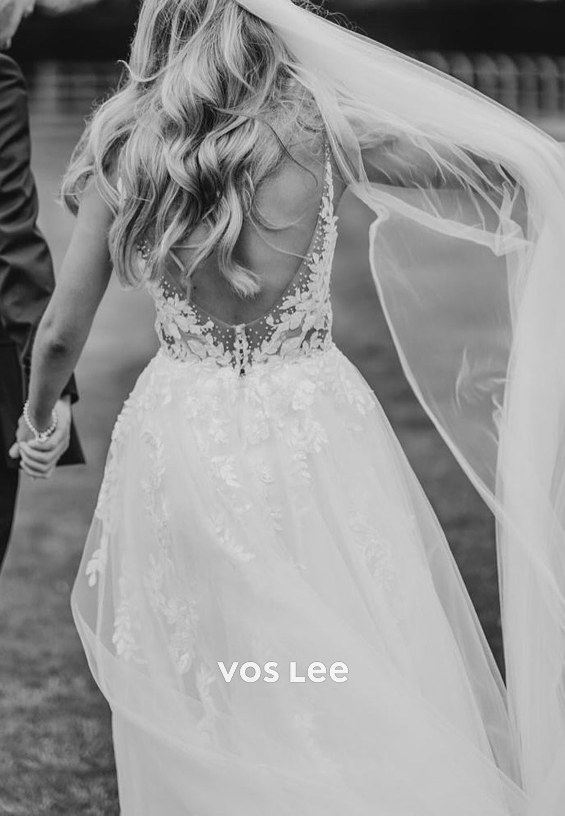A-Line V Neck Appliques Lace Pleated Tulle Wedding Dresses with Court Train