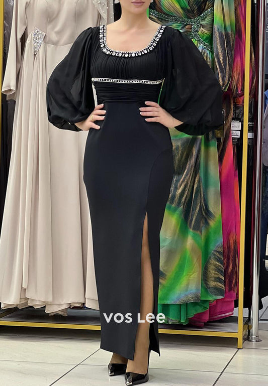 Long Sleeve Square Ankle-Length Pleated Mermaid Evening Dresses with Side Split