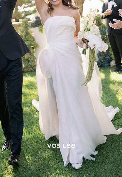 A-Line Strapless High Split Ruched Wedding Dresses with Court Train