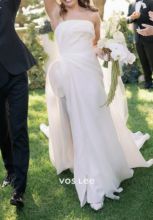 A-Line Strapless High Split Ruched Wedding Dresses with Court Train