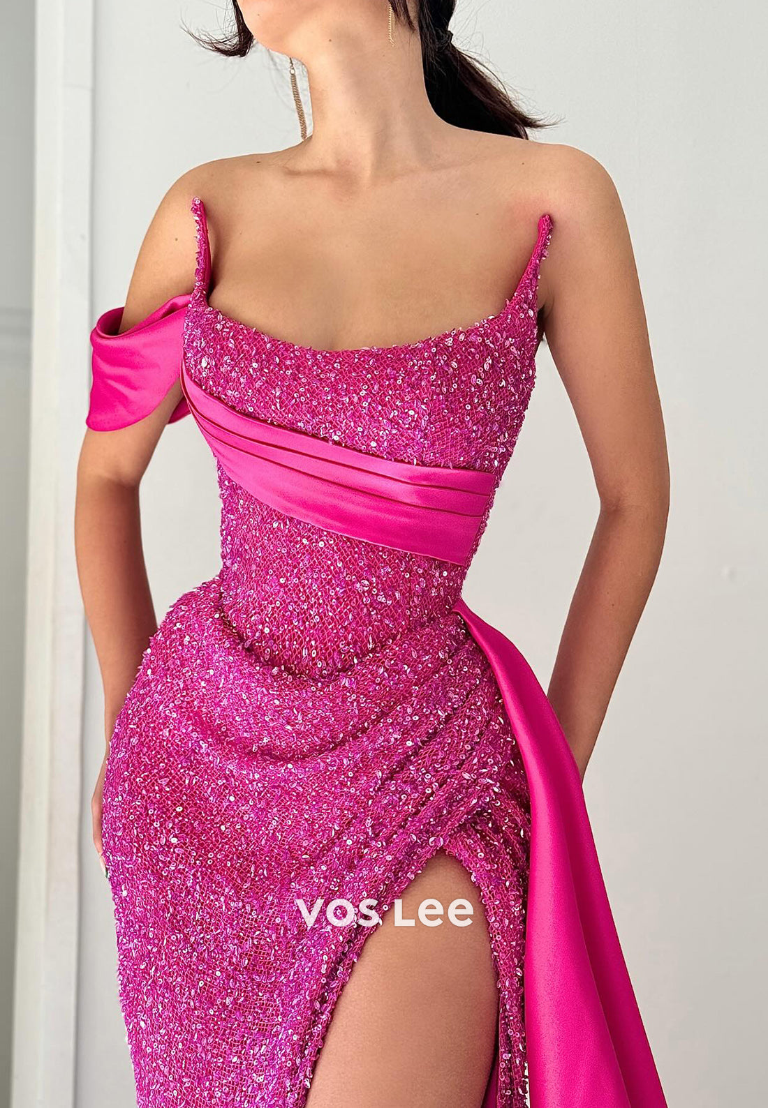 One Shoulder Fully Sequined Pleated Mermaid Long Evening Dresses with Sweep Train