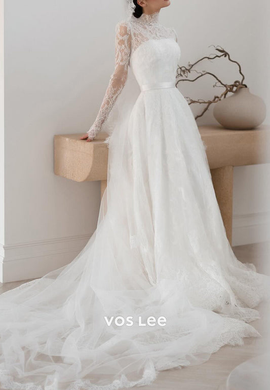 Long Sleeve Illusion Neck Appliques Lace Wedding Dresses with Chapel Train