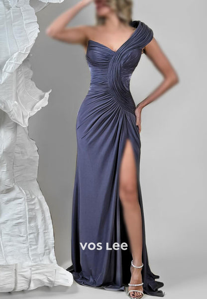 One Shoulder Sweetheart Pleated Side Split Mermaid Prom Dresses with Sweep Train