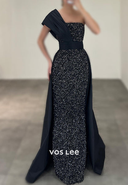 Sparkle & Shine One Shoulder Pleated Sheath Long Evening Dresses with Court Train