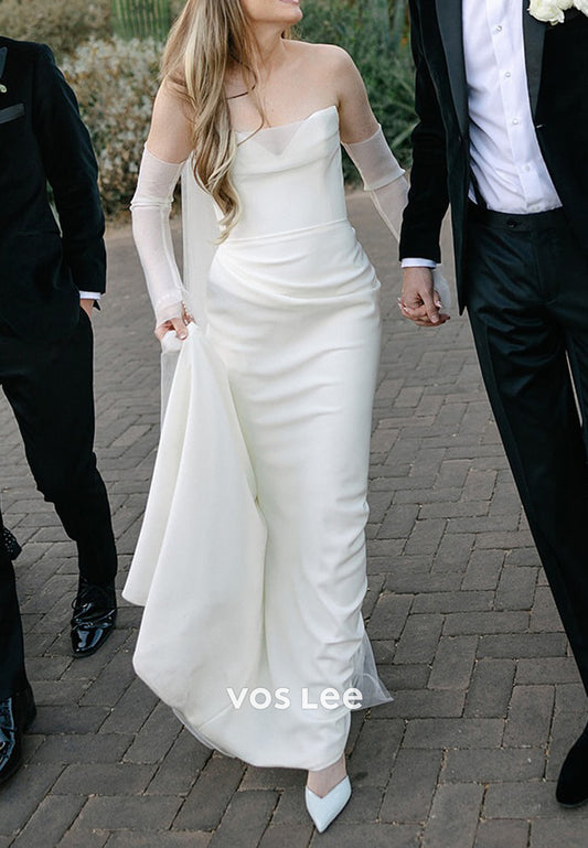 Sexy and Sleek V Neck Strapless Mermaid Wedding Dresses with Sweep Train