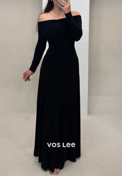 Classic A-Line Long Sleeve Off the Shoulder Pleated Floor-Length Evening Dresses