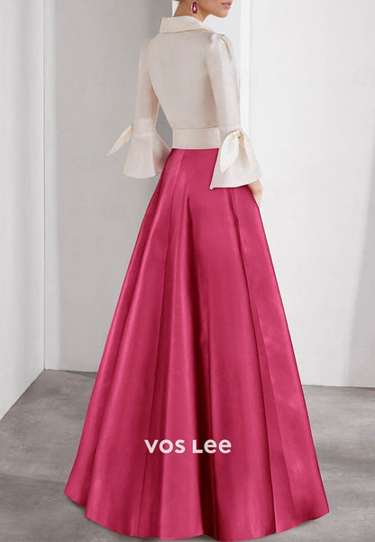 A-Line Bell Sleeves V Neck Bowknot Pleated Floor-Length Mother of Bride Dresses