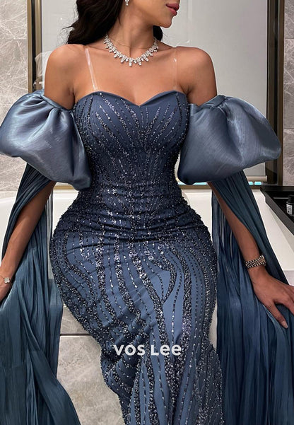 Sparkle & Shine Short Sleeve Sweetheart Beaded Embellished Mermaid Evening Dresses