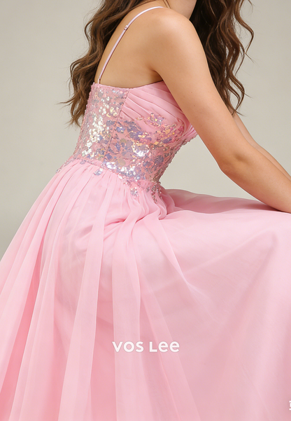 Pink Spaghetti Straps A Line Tulle Long Prom Dresses With Beading Sequins