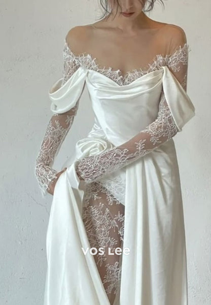 A-Line Long Sleeve Sweetheart Appliques Lace Pleated Wedding Dresses with High Split