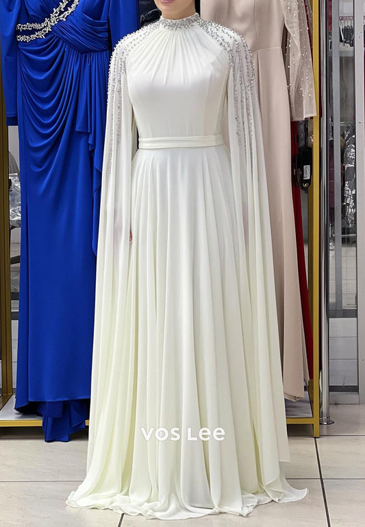 A-Line Long Sleeves High Neck Beaded Embellished Pleated Evening Dresses