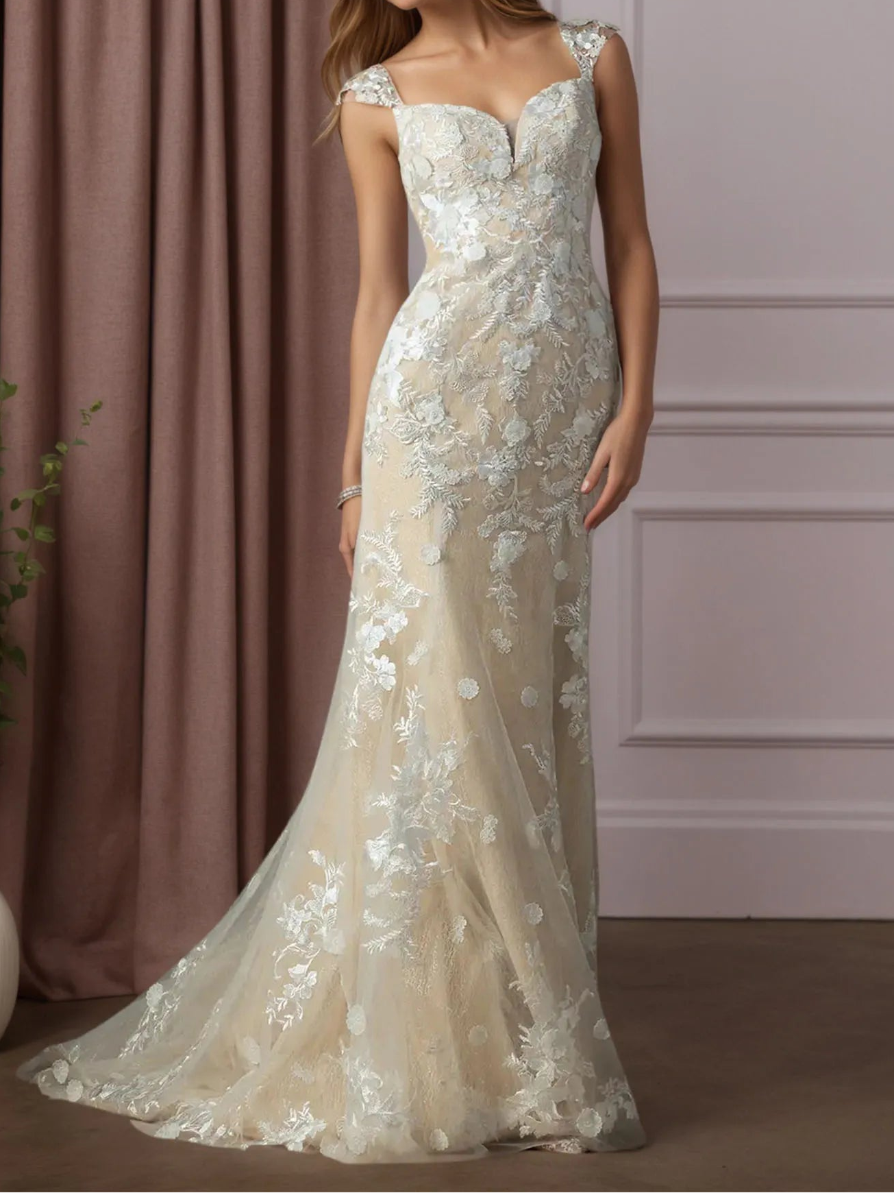 White Champagne Mermaid Sweetheart Sequins Tulle Wedding Dress