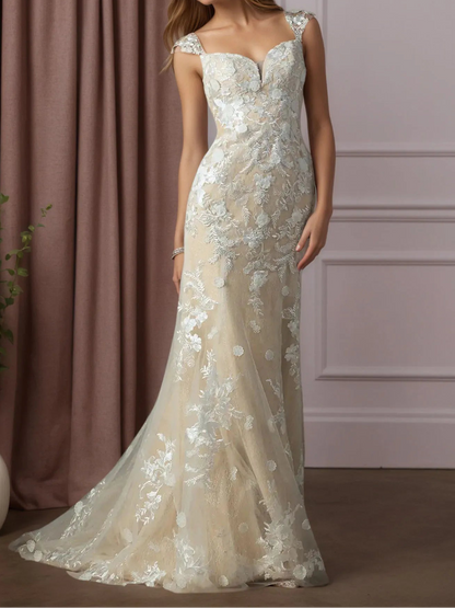 White Champagne Mermaid Sweetheart Sequins Tulle Wedding Dress