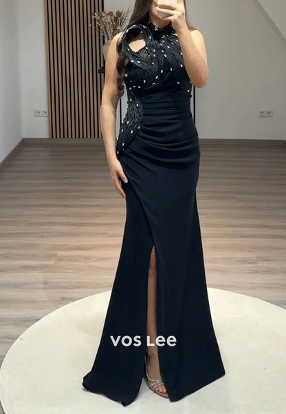 Classic & Timeless Halter Floral Embossed Mermaid Evening Dresses with Slit