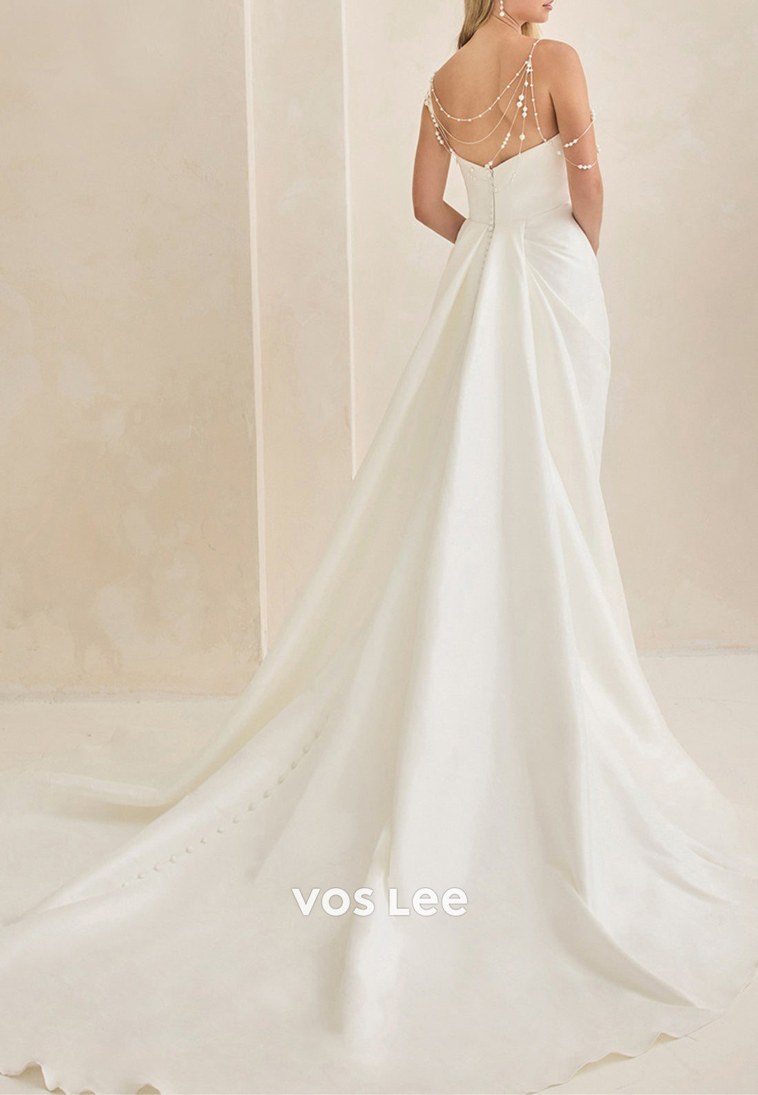 Elegant & Luxurious A-Line One Shoulder Pearls Pleated Wedding Dresses with Court Train