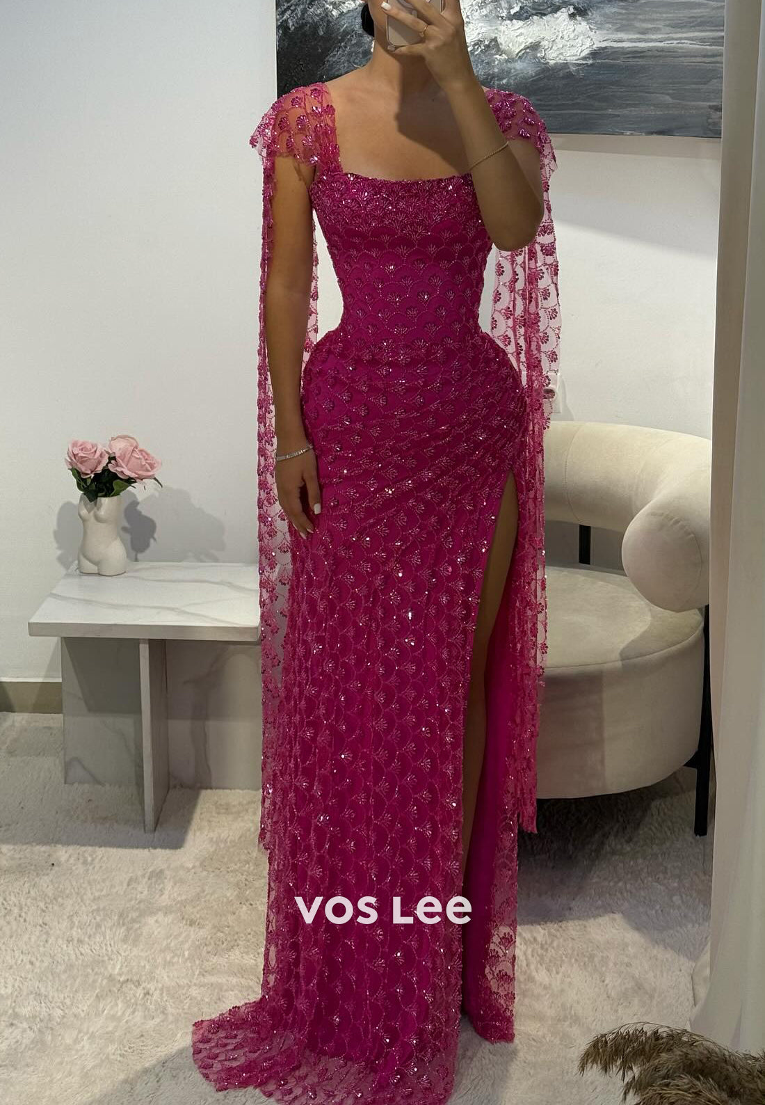 Square Sequins Embellished Mermaid Prom Dresses with High Split