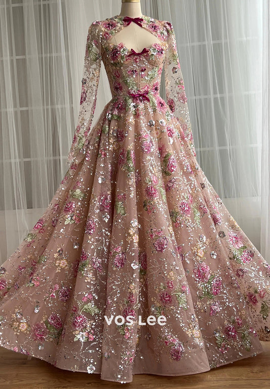 A-Line Long Sleeve Sweetheart Appliques Lace Prom Dresses with Court Train