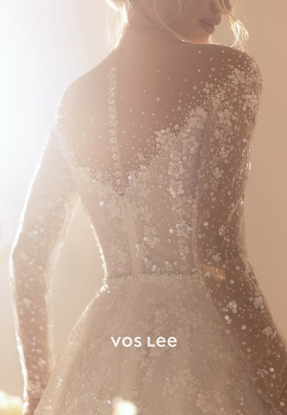 A-Line Long Sleeve Illusion Neck Sequins Floral Appliqued Wedding Dresses with Court Train