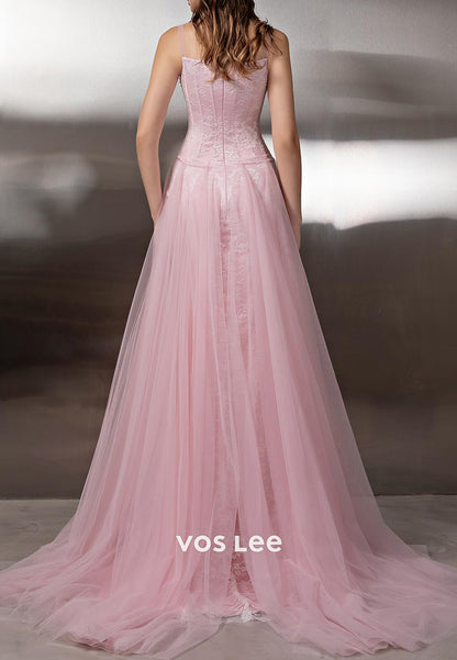 Pink A-Line Spaghetti Straps Square Lace Rhinestone Prom Dresses with Court Train