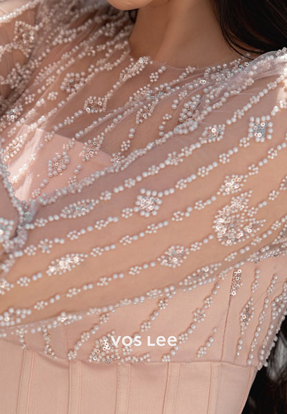 Long Sleeve Illusion Neck Beaded Embellished Mermaid Evening Dresses