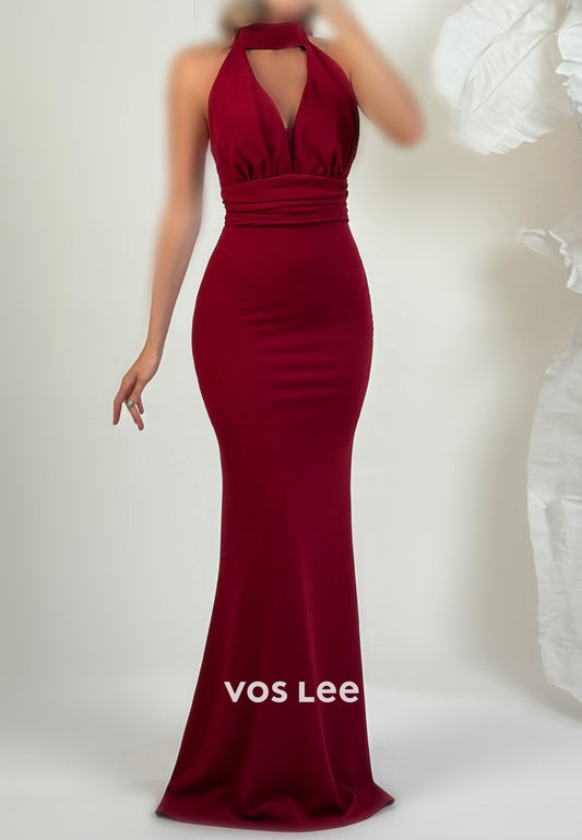 Gorgeous & Charming Halter Floor-Length Pleated Mermaid Evening Dresses Party Dresses