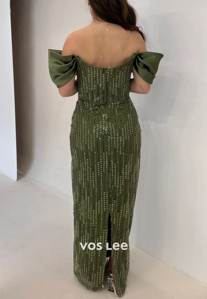 Classic & Timeless Off the Shoulder Fully Beaded Pleated Mermaid Evening Dresses with Split