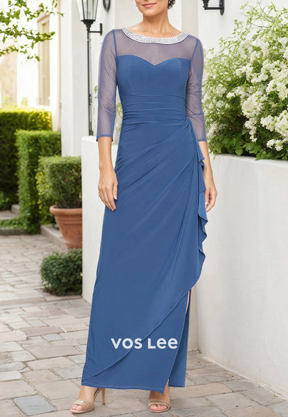 3/4 Sleeve Illusion Sweetheart Ankle-Length Pleated Mother of Bride Dresses with Split