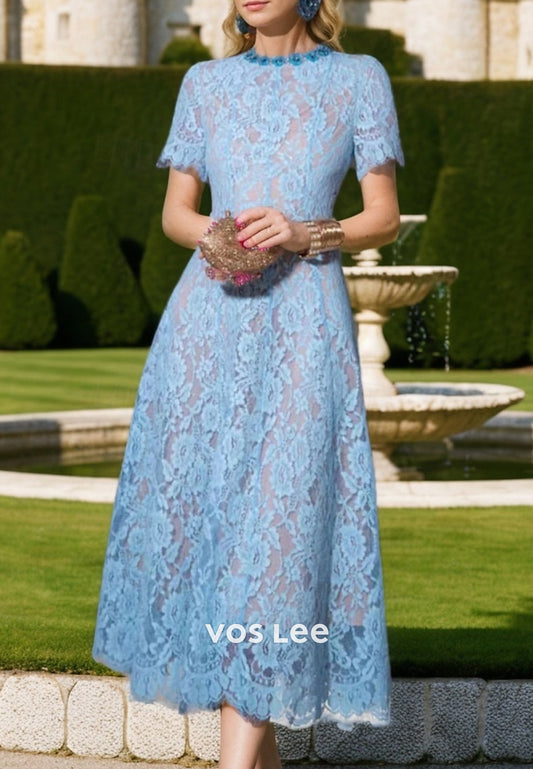 A-Line Blue Short Sleeve Scoop Tea-Length Appliques Lace Mother of Bride Dresses